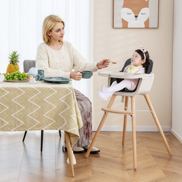 3-in-1 Convertible Wooden High Chair with Cushion, stylish and functional for babies and kids, shown at angle 33.