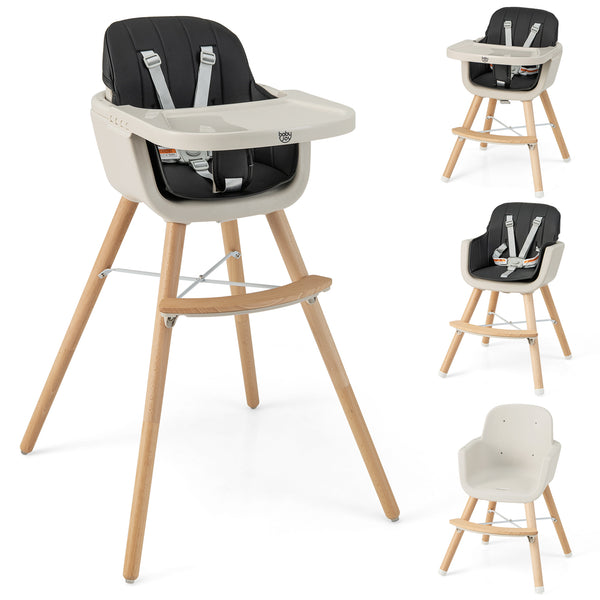 3-in-1 Convertible Wooden High Chair with Cushion, angled view, perfect for babies and toddlers.