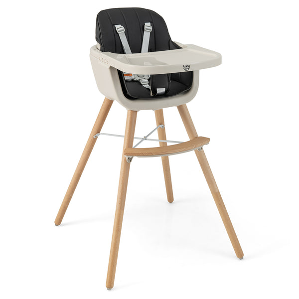 3-in-1 Convertible Wooden High Chair with Cushion, angled view, perfect for babies and toddlers.