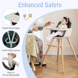 3-in-1 Convertible Wooden High Chair with Cushion, angled view for baby dining and comfort.