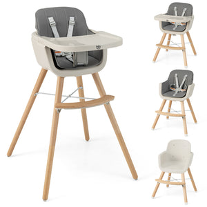 3-in-1 Convertible Wooden High Chair with Cushion, angled view, perfect for babies and toddlers.