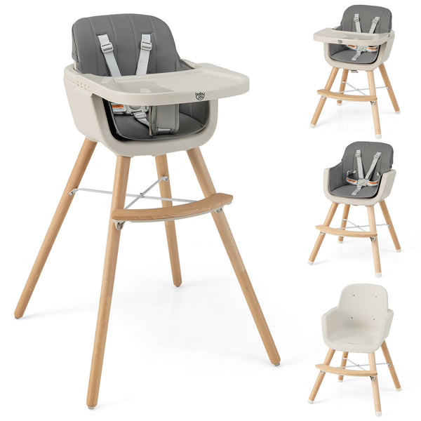 3-in-1 Convertible Wooden High Chair with Cushion, angled view, perfect for babies and toddlers.