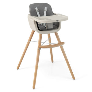 3-in-1 Convertible Wooden High Chair with Cushion, perfect for babies and toddlers, shown at a 43-degree angle.