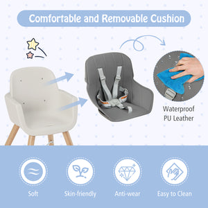 3-in-1 Convertible Wooden High Chair with Cushion at 47-degree angle for babies and kids.