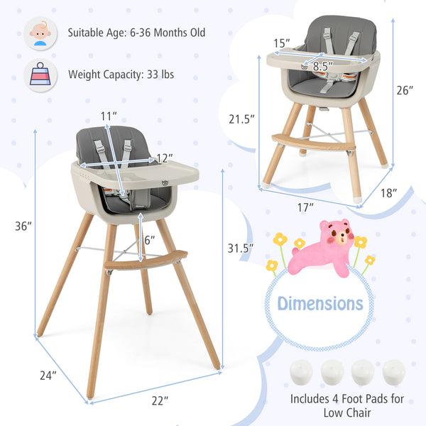 3-in-1 Convertible Wooden High Chair with Cushion at a 45-degree angle, perfect for babies and toddlers.