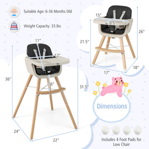 3-in-1 Convertible Wooden High Chair with Cushion, angled view, perfect for babies and toddlers.