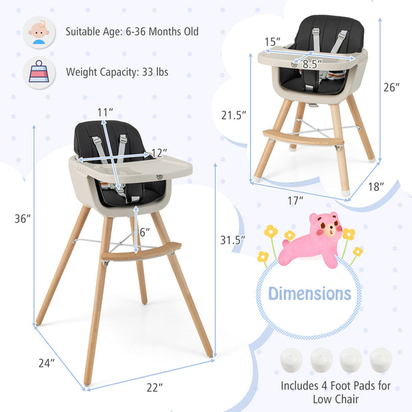 3-in-1 Convertible Wooden High Chair with Cushion, angled view, perfect for babies and toddlers.