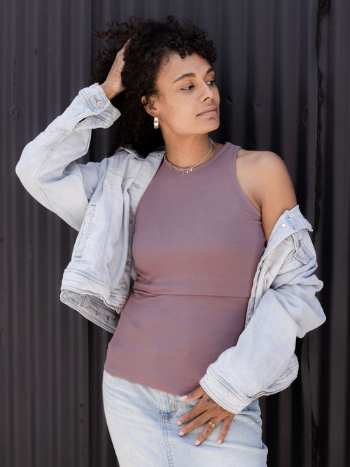 Ribbed Bamboo Racerback Nursing Tank in Twilight - Comfortable and stylish nursing top for new moms.