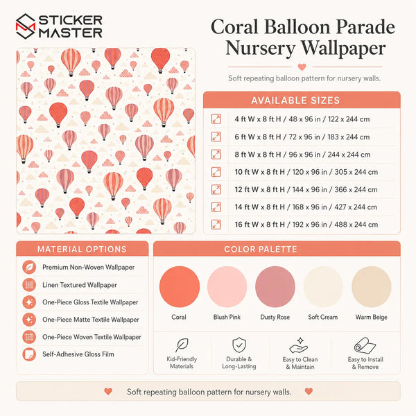 Coral Balloon Parade Nursery Wallpaper | Kids Room Wall Mural