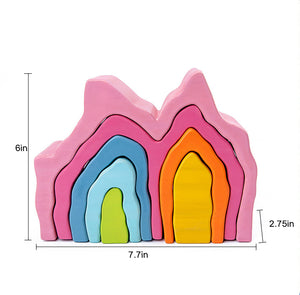 Colorful wooden mountain rainbow stacker toy puzzle blocks for indoor play, viewed from angle 16.