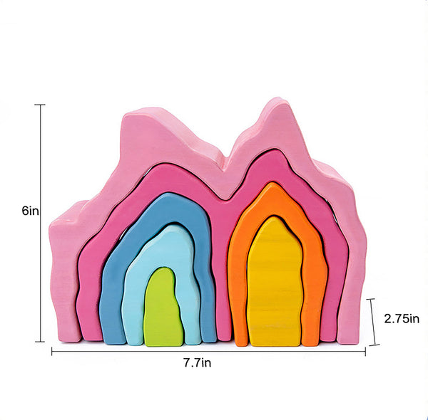 Colorful wooden mountain rainbow stacker toy puzzle blocks for indoor play, viewed from angle 16.