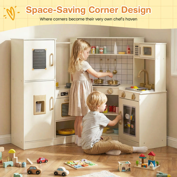 Corner Kids Play Kitchen with Stoves with Lights and Sounds-Beige