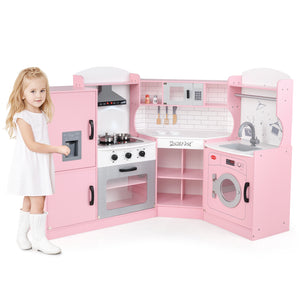 Corner Kids Play Kitchen with Washing Machine and Ice Maker Gift for Boys Girls