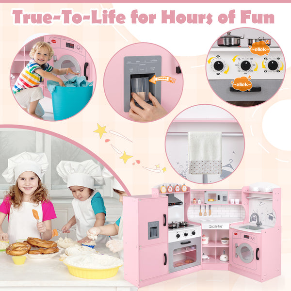 Corner Kids Play Kitchen with Washing Machine and Ice Maker Gift for Boys Girls