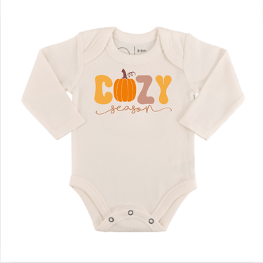Cozy long sleeve graphic bodysuit for babies, perfect for the chilly season.