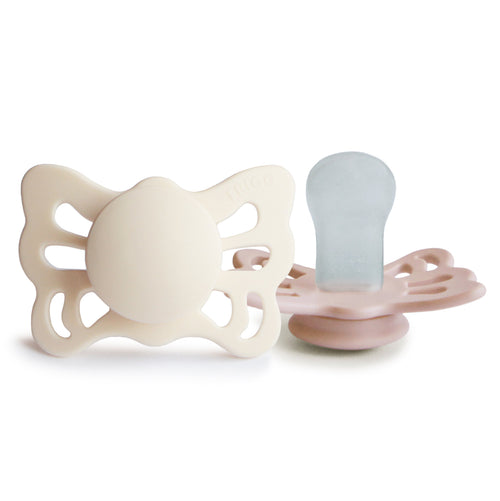 FRIGG Butterfly Anatomical Silicone Pacifier 2-Pack for infants 0-6 months, featuring a cute butterfly design.