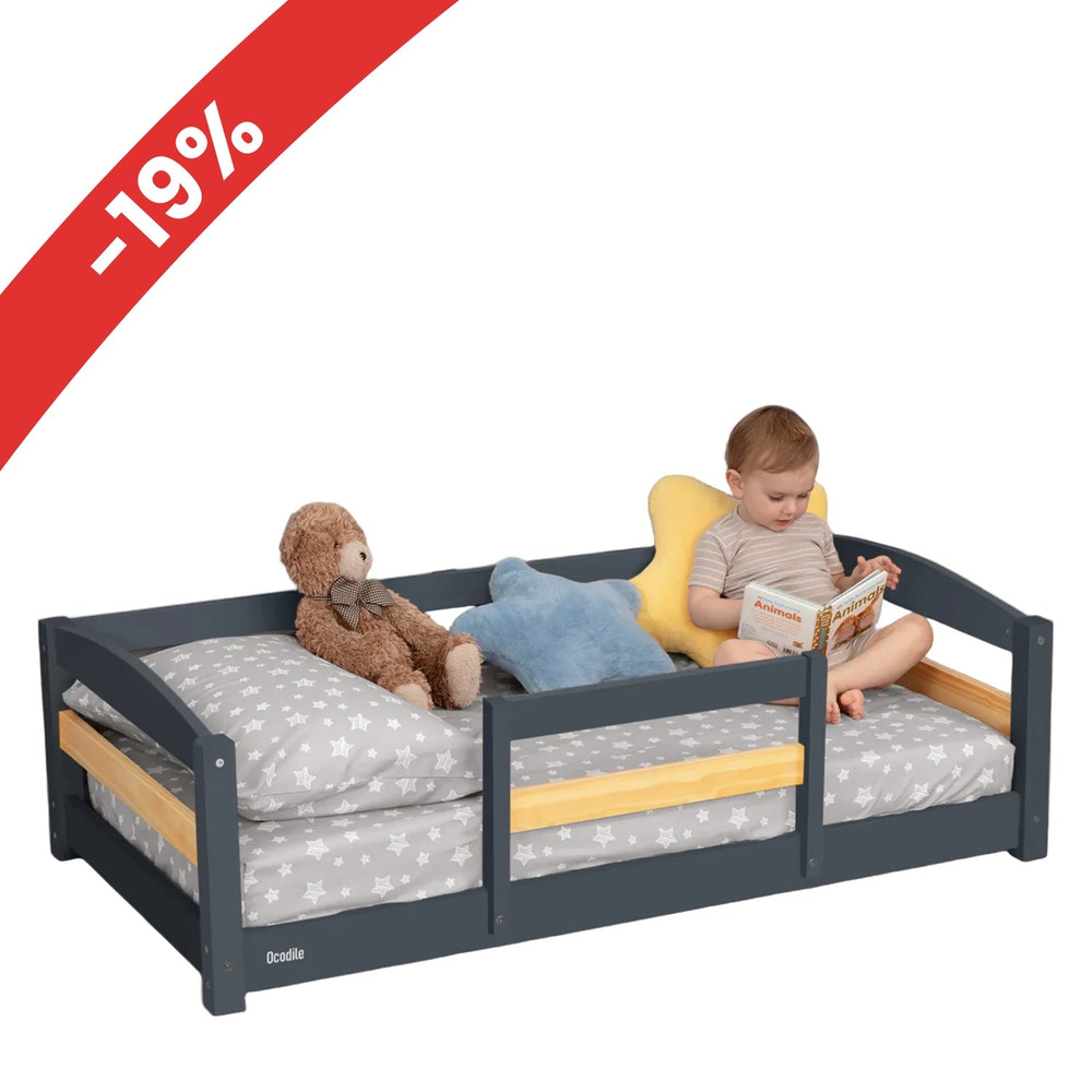 Crib Size Wooden Floor Bed Frame with Rails for Toddlers Age 1–3