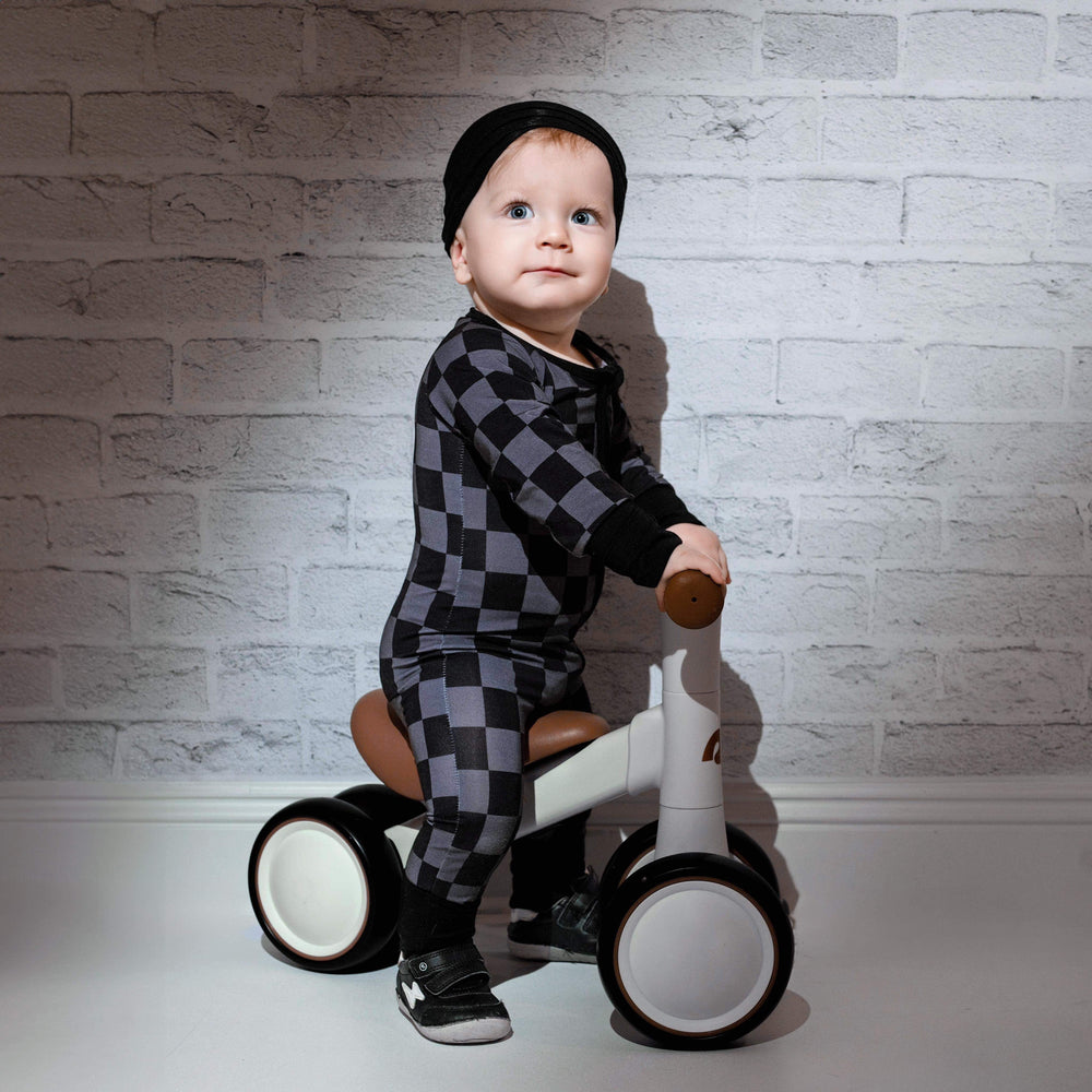 Charcoal Checkers - Long Sleeve Zipper Romper