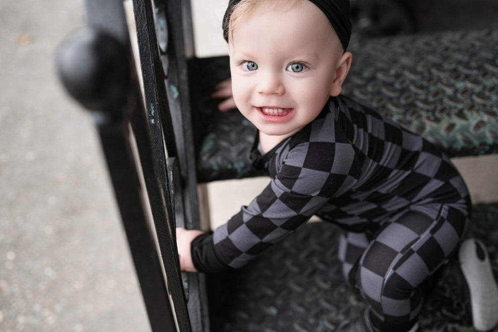 Charcoal Checkers - Long Sleeve Zipper Romper