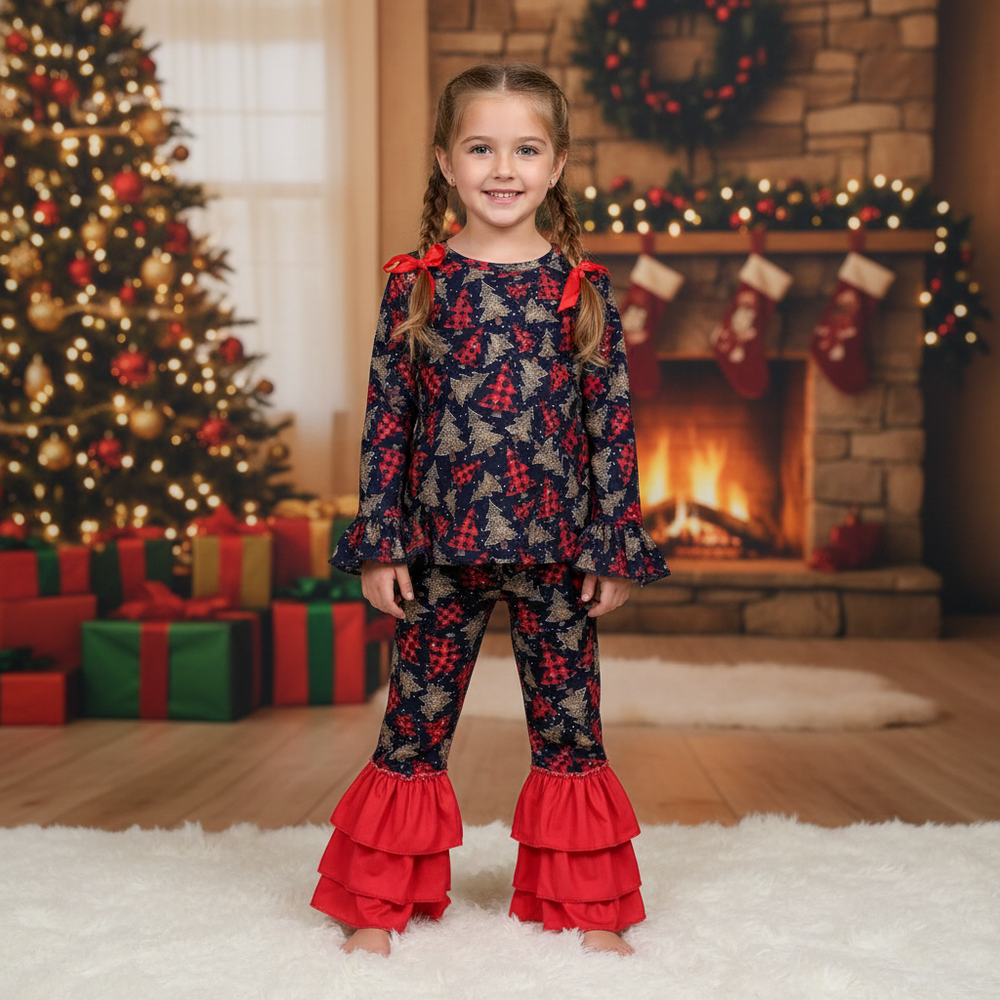 Buffalo plaid two-piece ruffle set for babies featuring trio trees design. Perfect for stylish infant outfits.