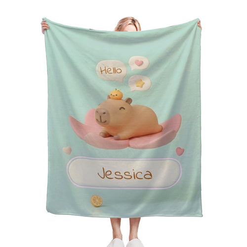 Personalized Kawaii Capybara Blanket | Custom Name | Mint Green Cute Lily Pad Fleece Throw Gift