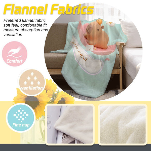 Personalized Kawaii Capybara Blanket | Custom Name | Mint Green Cute Lily Pad Fleece Throw Gift