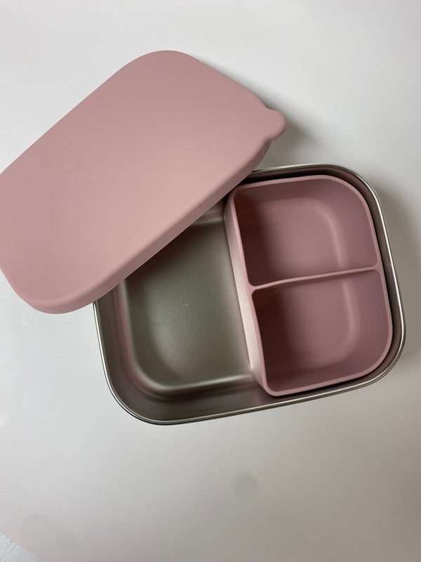 Stainless steel and silicone bento box for babies, perfect for food storage and on-the-go meals.