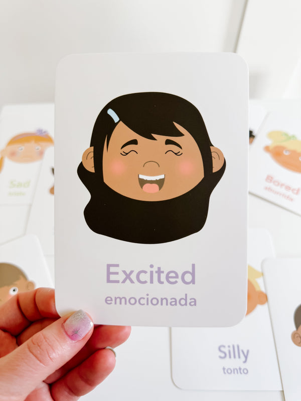 "Emotions Flashcards for babies, promoting early learning and sensory play, displayed at a 10-degree angle."