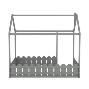 {Slats are not included}Twin Size Wood Bed House Bed Frame with Fence for Kids Teens Girls Boys {Gray}