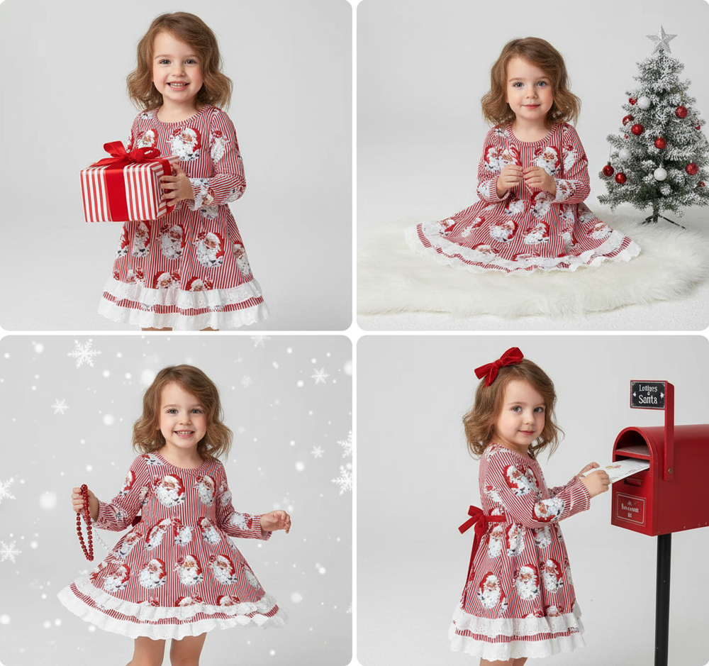 "Santa stripe dress for babies, perfect for festive occasions and holiday celebrations."