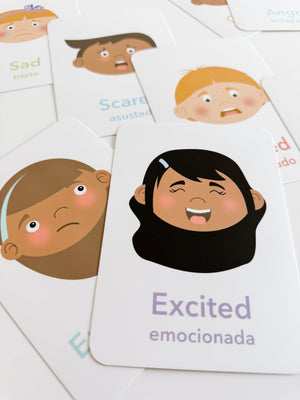 "Emotions Flashcards for babies, promoting early learning and sensory play, displayed at an angle."