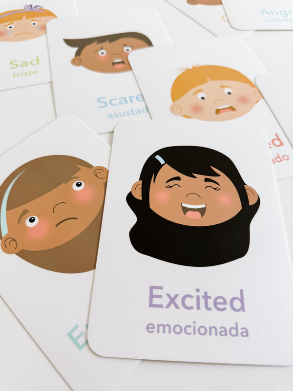 "Emotions Flashcards for babies, promoting early learning and sensory play, displayed at an angle."