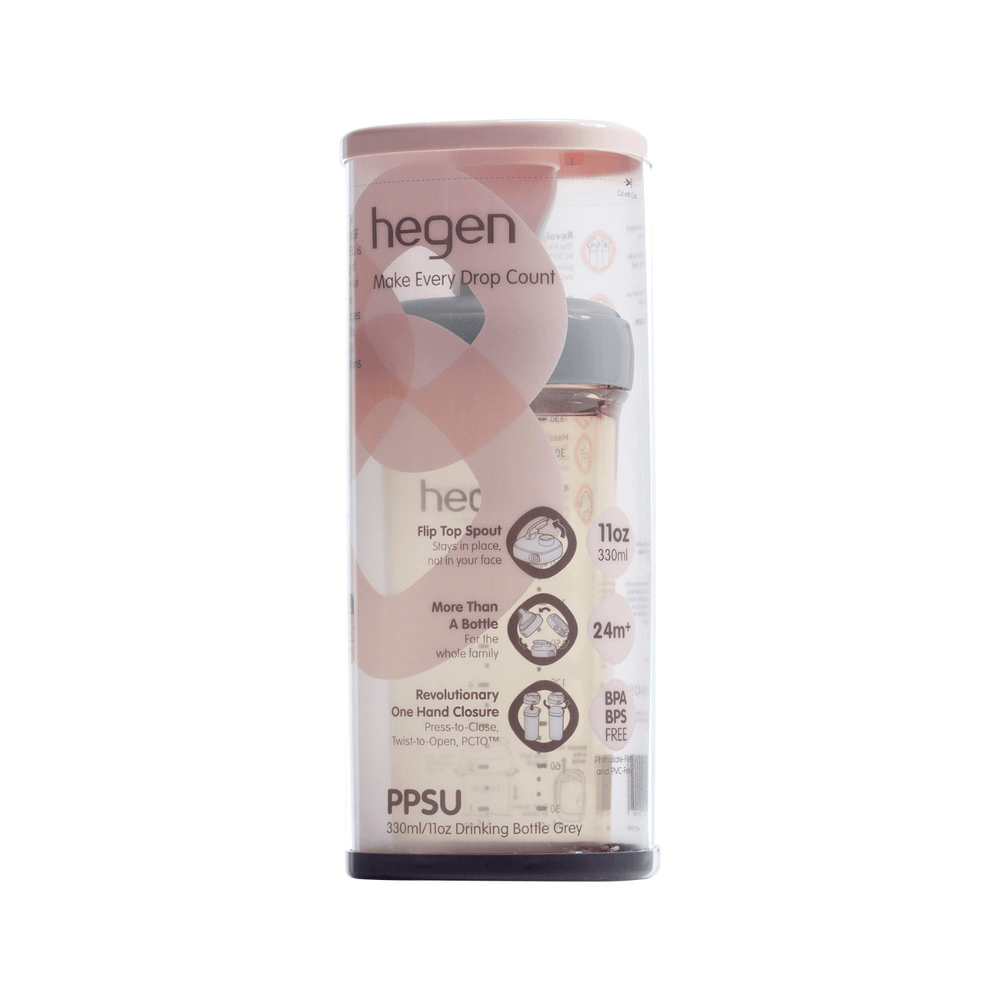 Hegen PCTO™ 330ml Grey Drinking Bottle for babies 24 months+, made from durable PPSU material.