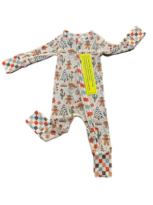 Cowboy Christmas bamboo zip sleeper for babies, 220 GSM, true to size, shown from angle 3. Perfect for cozy holiday nights.