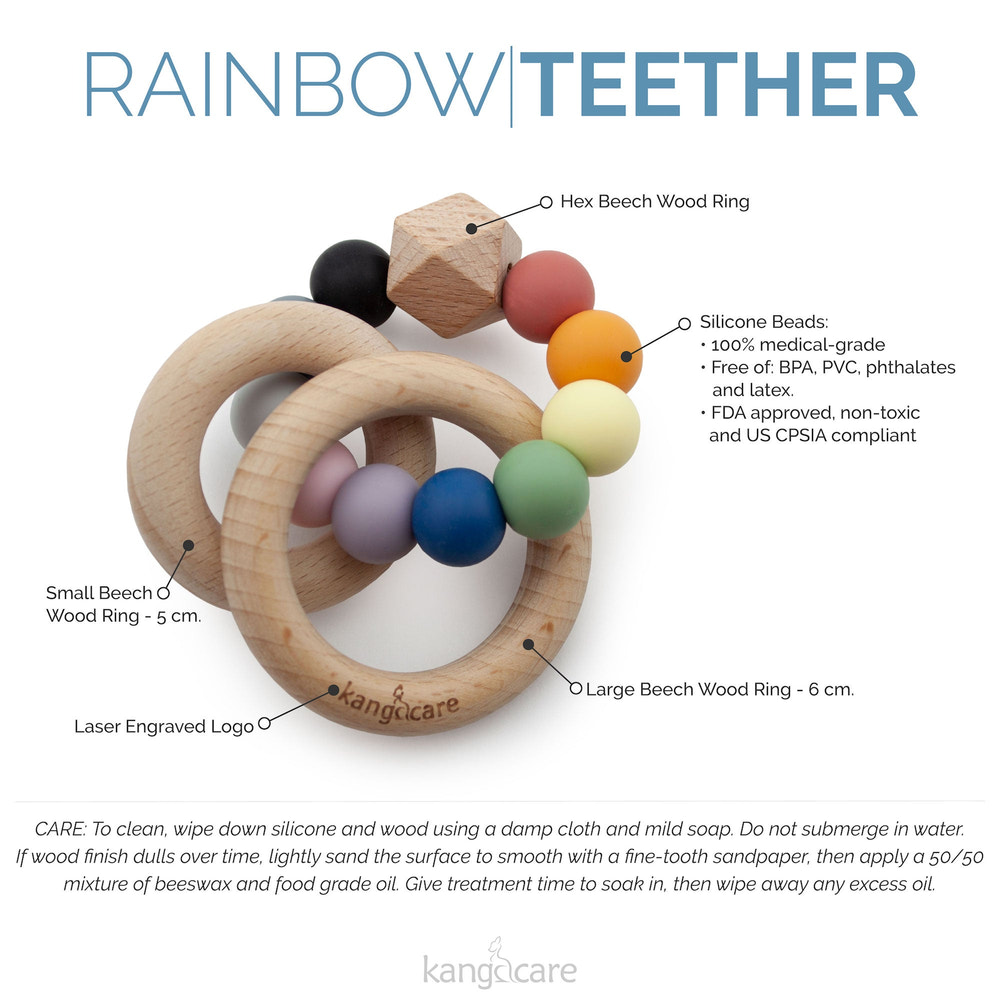 Kanga Care Silicone & Wood Teething Ring - Bubble - Rainbow - MOOGCO Baby