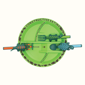 Baby utensil and plate combo set for easy feeding, featuring vibrant colors and ergonomic design. Angle 4 view.