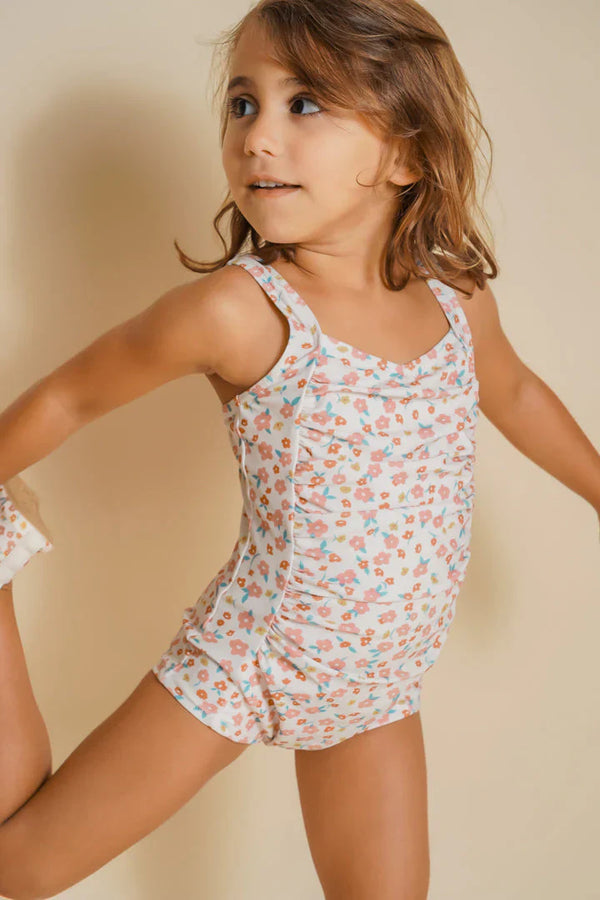 Vintage girls' 1 piece swimsuit in Sunset Meadow, UPF protected and made from recycled materials. Angle 5 view.