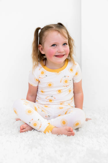 You Are My Sunshine Short-Sleeve PJ Set for babies in soft fabric, perfect for cozy loungewear and sweet dreams.
