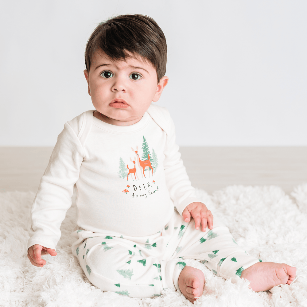 Long sleeve graphic bodysuit featuring "Deer to My Heart" design for babies. Perfect for cozy and cute outfits.
