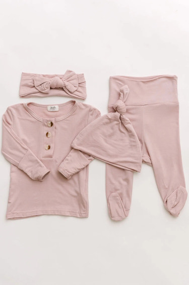 Top and Bottom Outfit, Hat and Headband Set (Newborn - 12 months) - Dusty Rose - MOOGCO Baby