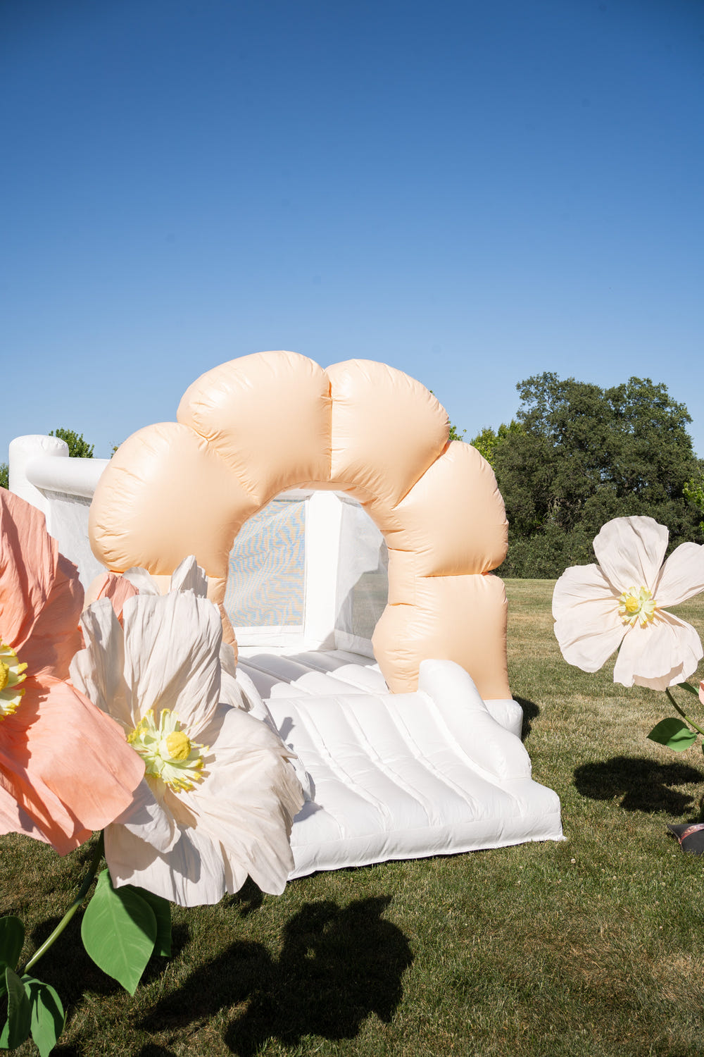 Mini Daisy Peach Flower Bounce House for outdoor play, perfect for toddlers and kids' fun activities.