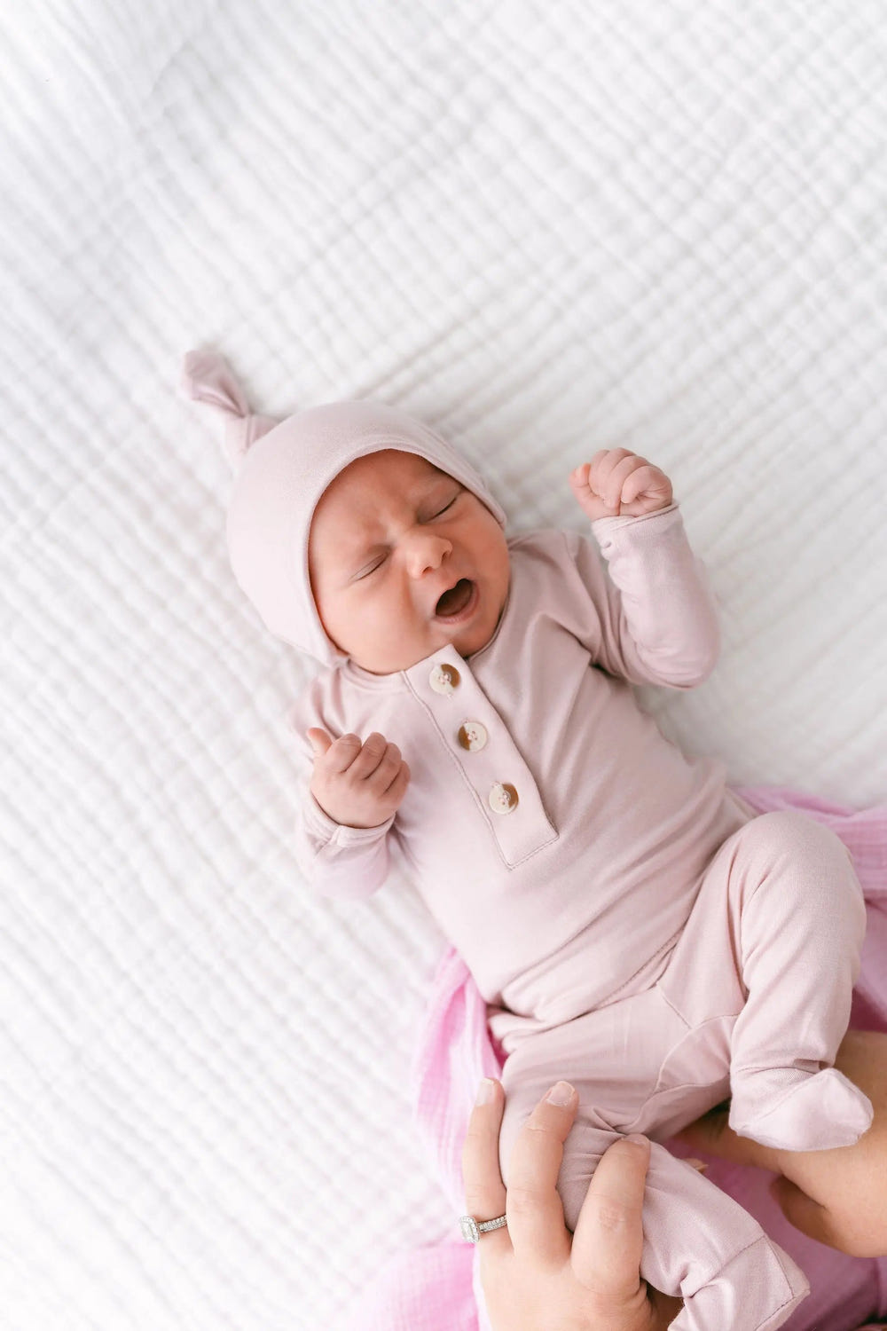 Dusty rose girls' top and bottom outfit set with bow and hat, perfect for stylish baby onesies.