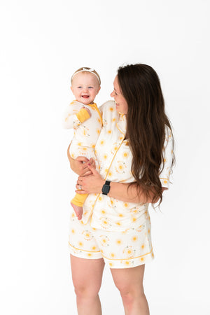 You Are My Sunshine Zipper Lounger for babies in cozy loungewear, angle view showcasing soft fabric and cheerful design.