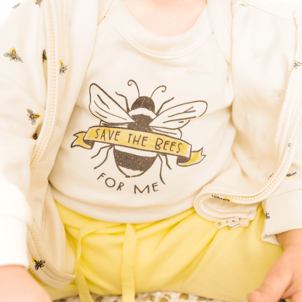 "Graphic short sleeve bodysuit for babies featuring a 'Save the Bees' design."