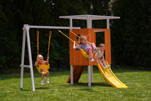 Compact wooden toddler swing set for outdoor play, perfect for babies and kids in a forest setting.