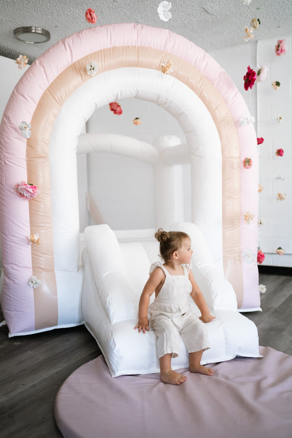 Mini Sherbet Pink Rainbow Bounce House for outdoor playsets, perfect for kids' fun and active playtime.