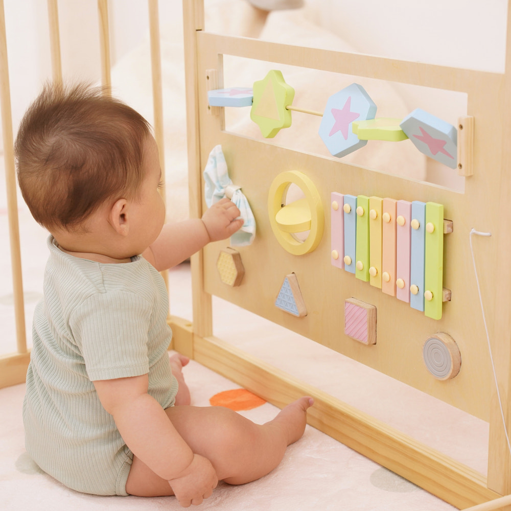 Wooden baby playpen with sensory activity panels, foldable indoor play yard, 63"x63", Montessori toys included.
