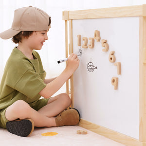 Wooden baby playpen with mirror and whiteboard panel, foldable 63"x63", Montessori sensory play yard, angle view.