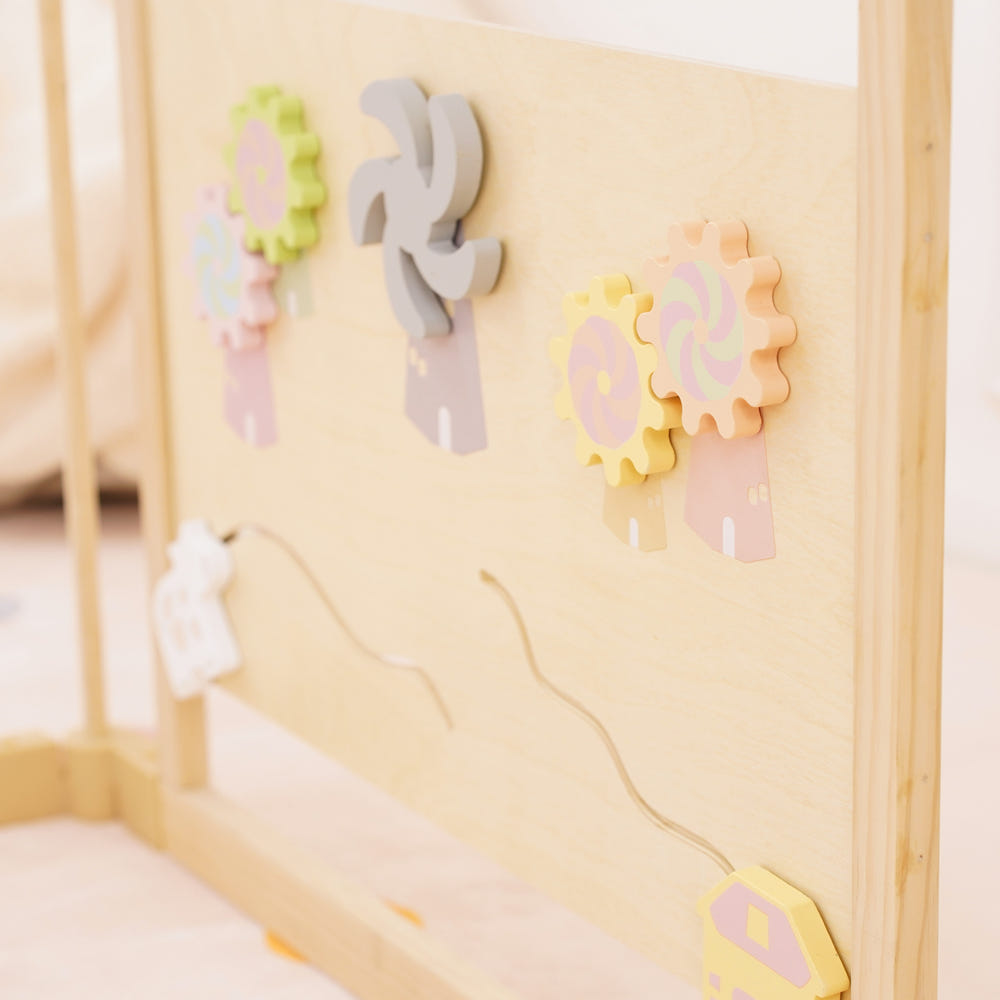 Wooden Baby Playpen with Sensory Activity Panels – 63" x 63" Square, Foldable Indoor Play Yard with Montessori Toys