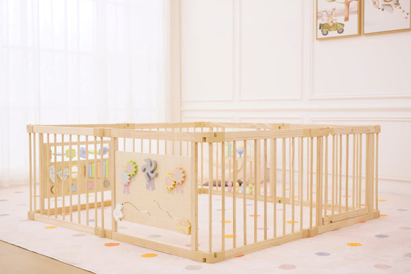 Wooden baby playpen with sensory activity panels, foldable indoor play yard, 63"x63", Montessori toys included.